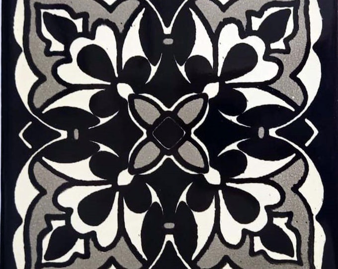 90 Mexican Ceramic 4.25 x 4.25  inch Hand Made Tile Off white/Black L#009