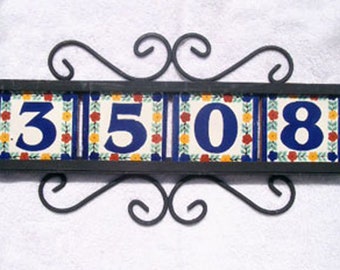 House number, 4 Mexican Tiles Talavera House Numbers & Horizontal Iron Frame