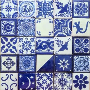 May include: A collection of twenty-five square ceramic tiles with intricate blue and white patterns. Designs include floral motifs, geometric shapes, and a crescent moon. The tiles are arranged in a grid, showcasing a variety of decorative elements.
