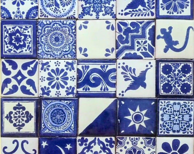 50 Assorted 2x2 inch. Blue and Off white Mexican Ceramic Hand Made Tiles #001