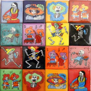 May include: A set of 16 colorful ceramic tiles featuring skeletons in various poses and outfits. The tiles are decorated with bright colors, including red, yellow, blue, green, and black. Each tile depicts a different scene, such as skeletons playing music, dancing, or eating. The tiles are perfect for adding a touch of Mexican culture to any home.
