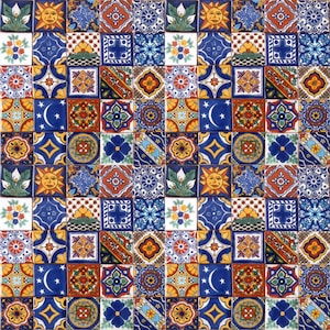 May include: A repeating pattern of square ceramic tiles in various colors. Each tile features a unique design, including floral patterns, suns, moons, and geometric shapes. The color palette includes blues, yellows, reds, and greens.