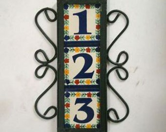 House number, 3 Mexican Tiles Talavera House Numbers & Vertical Iron Frame