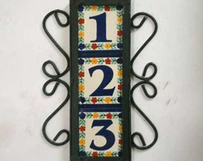 3 Mexican Tiles Talavera House Numbers & Horizontal Iron Frame