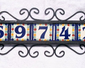 House number, 5 Mexican Tiles Talavera House Numbers & Horizontal Iron Frame