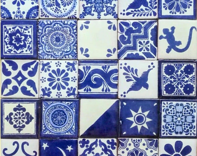 100 Assorted 2x2 inch. Blue and Off white Mexican Ceramic Hand Made Tiles #002