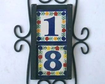 House number, 2 Mexican Tiles Talavera House Numbers & Horizontal Iron Frame