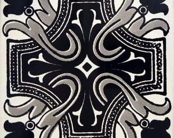 90 Mexican Ceramic 4.25 x 4.25  inch Hand Made Tile Off white/Black L#007