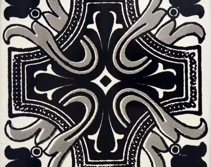 90 Mexican Ceramic 4.25 x 4.25  inch Hand Made Tile Off white/Black L#007