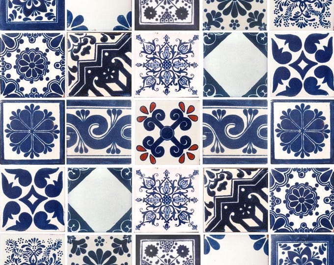 50 Assorted 2x2 inch. Blue and Off white Mexican Ceramic Hand Made Tiles #002