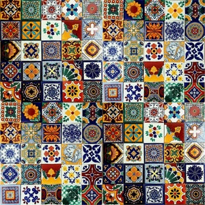 May include: A collection of colorful square tiles with intricate floral and geometric patterns. The tiles feature a variety of colors, including red, blue, yellow, and green, creating a vibrant and decorative surface. Each tile is approximately 6 inches square.