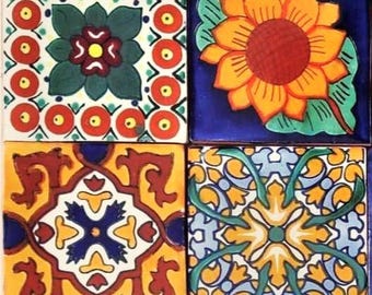 Special Sale 4 Tiles 6x6 inches Assorted Mexican Ceramic Hand Made Talavera