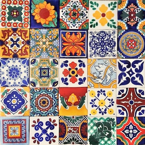 May include: A collection of 25 colorful ceramic tiles with intricate geometric patterns. The tiles feature a variety of colors, including blue, green, red, yellow, and white. The tiles are arranged in a grid pattern, creating a visually appealing and symmetrical design.