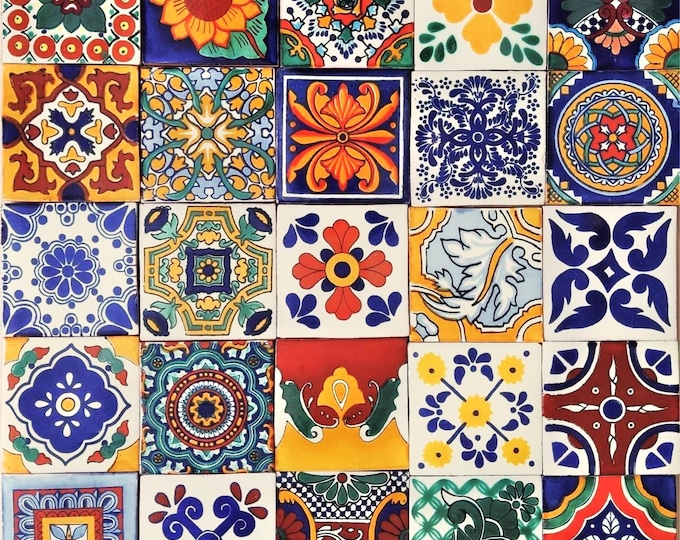 25 Assorted Mexican Ceramic 4x4 inch Hand Made Tiles