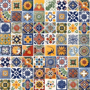 May include: A colorful mosaic tile pattern with a variety of geometric shapes and floral designs. The tiles are arranged in a grid pattern and feature a mix of blue, yellow, red, and green colors.