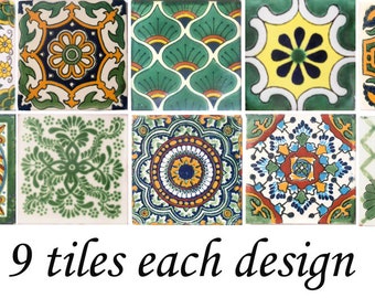 90 Mexican Ceramic tiles  4x4 inch Handmade Green Tiles (9 each design like the ones in the photo)