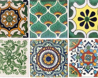10 Mexican Ceramic tiles  4x4 inch Handmade Green Tiles (1 each design like the ones in the photo) #002