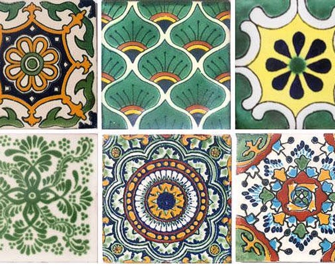 10 Assorted Mexican Ceramic 4x4 inch Handmade blue Tiles 1 each design Green