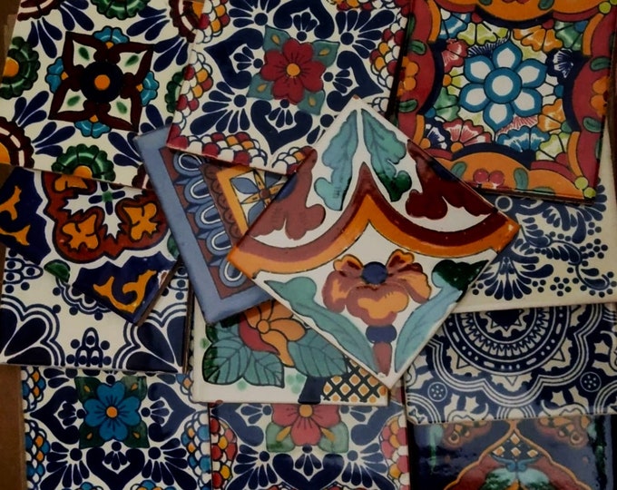 45 tiles 4x4 IMPERFECT Talavera Mexican Ceramic Tiles with defects Mixed Designed for mosaics 002