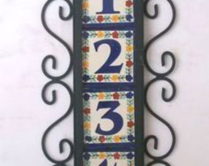 House number, 4 Mexican Tiles Talavera House Numbers & Vertical Iron Frame