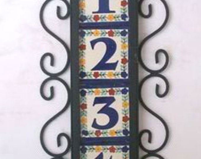 House number, 4 Mexican Tiles Talavera House Numbers & Vertical Iron Frame