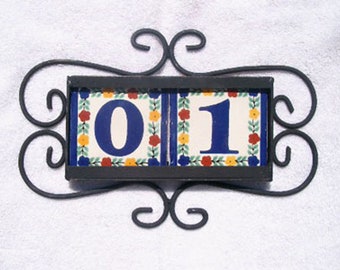 House number, 2 Mexican Tiles Talavera House Numbers & Horizontal Iron Frame