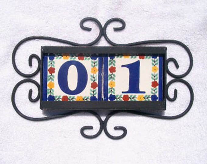 House number, 2 Mexican Tiles Talavera House Numbers & Horizontal Iron Frame