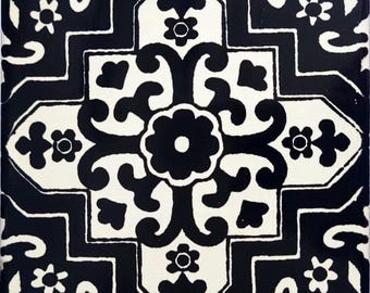 90 Mexican Ceramic 4.25 x 4.25  inch Hand Made Tile Off white/Black L#005