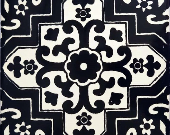 90 Mexican Ceramic 4.25 x 4.25  inch Hand Made Tile Off white/Black L#005