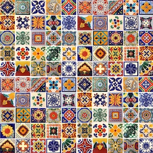 May include: A colorful mosaic tile pattern with a variety of geometric shapes and floral designs. The tiles are arranged in a grid pattern and feature a mix of blue, yellow, red, green, and white colors.