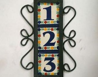 House number, 3 Mexican Tiles Talavera House Numbers & Vertical Iron Frame