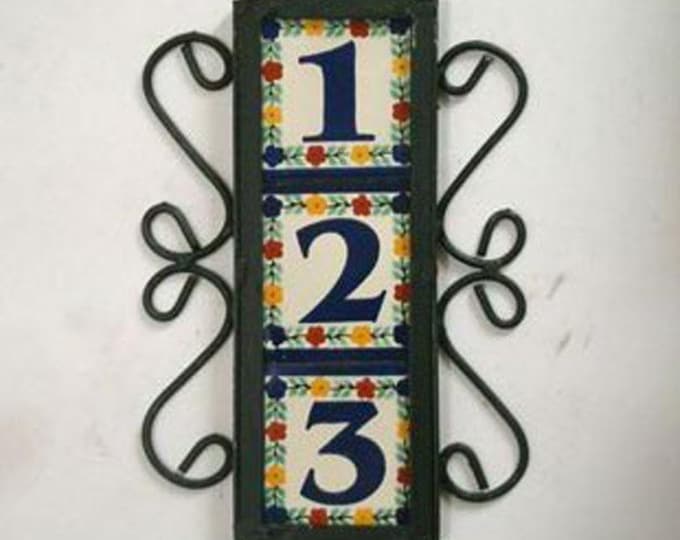 House number, 3 Mexican Tiles Talavera House Numbers & Vertical Iron Frame