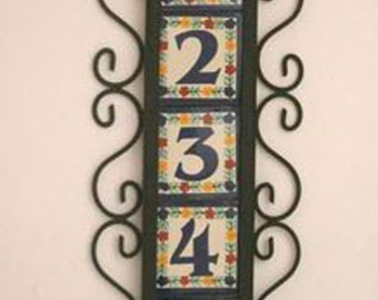 House number, 5 Mexican Tiles Talavera House Numbers & Vertical Iron Frame