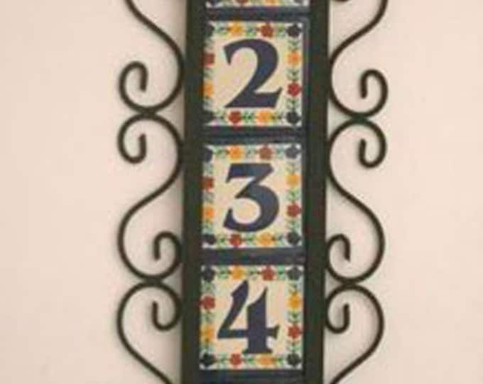 House number, 5 Mexican Tiles Talavera House Numbers & Vertical Iron Frame