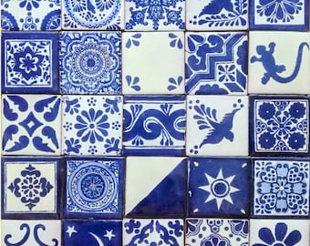 50 Assorted 2x2 inch. Blue and Off white Mexican Ceramic Hand Made Tiles #005