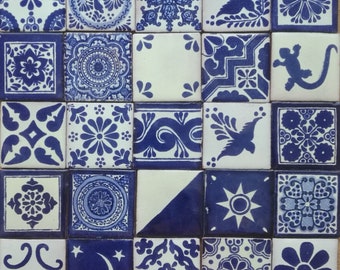 50 Assorted 2x2 inch. Blue and Off white Mexican Ceramic Hand Made Tiles #001