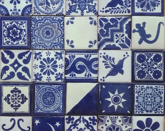 50 Assorted 2x2 inch. Blue and Off white Mexican Ceramic Hand Made Tiles #001