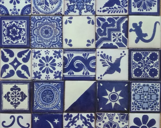 100 Assorted 2x2 inch. Blue and Off white Mexican Ceramic Hand Made Tiles