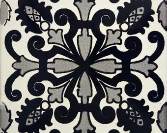 90 Mexican Ceramic 4.25 x 4.25  inch Hand Made Tile Off white/Black L#003