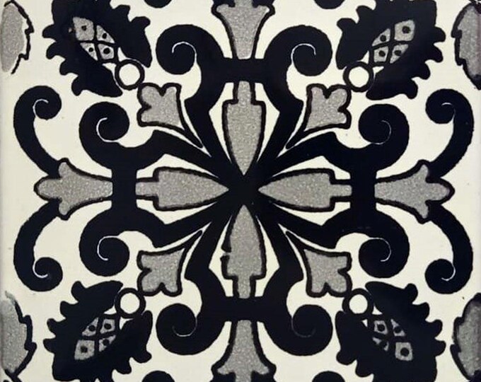 90 Mexican Ceramic 4.25 x 4.25  inch Hand Made Tile Off white/Black L#003