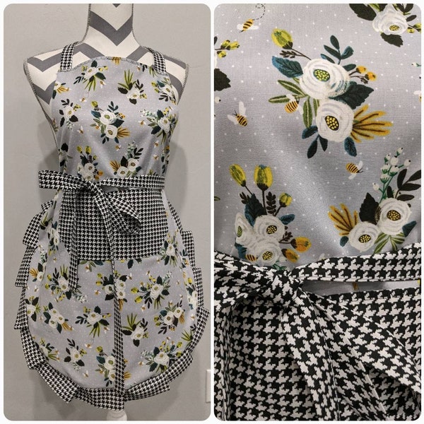 Adult apron. Women's apron. Floral with bees on gray bodice. Black and white houndstooth on pocket ties and frills.