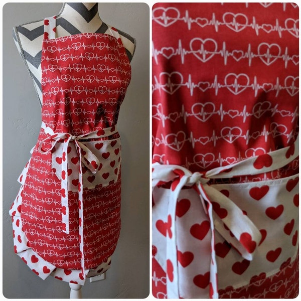 Adult apron. Women's apron. Medical hearts on red main bodice. Red hearts on white pocket, ties and frills.