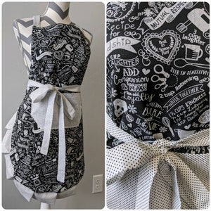 Adult apron. Woman's apron. Baking measurements and saying on black. Mini black and white polka dots on pocket, ties and frills.