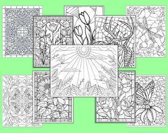 Nature Stain Glass Coloring Pages - Set of 10 - Digital Download