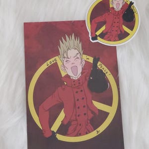 Impresión artística de postal con pegatina de Trigun Vash the Stampede Humanoid Typhoon Anime, amor y paz