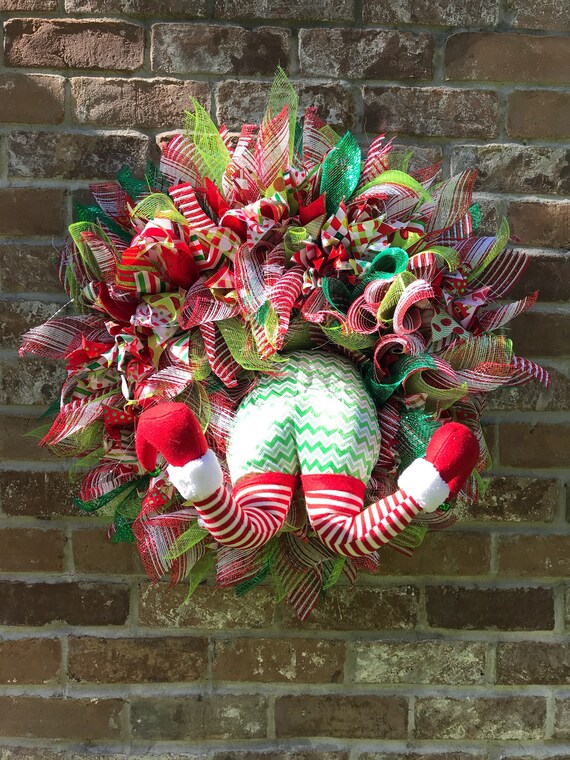 Elf Christmas Wreath Red White Dark Green And Lime Green Etsy