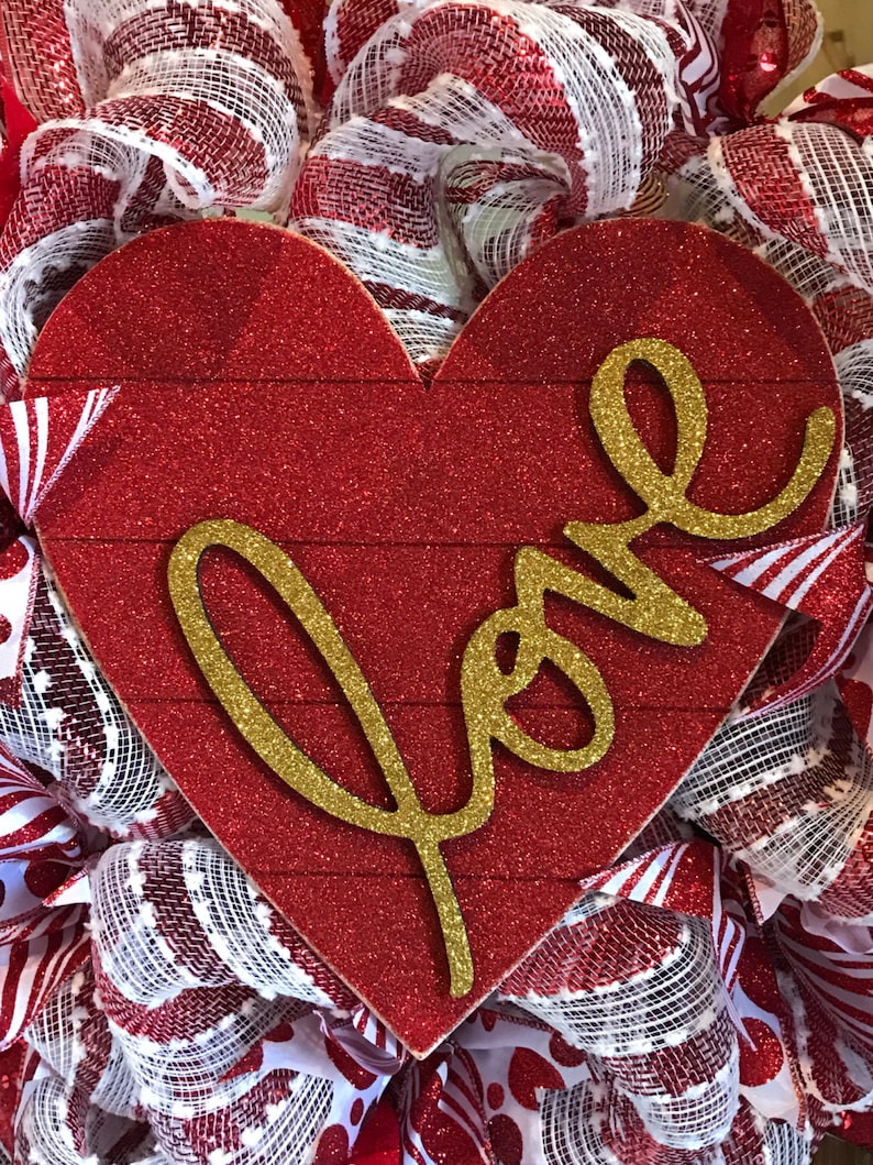 Red Heart covered in Glitter Valentine/'s Love Wreath and Gold Love Sign! Red and White Deco Mesh Valentine/'s Wreath with Ribbon On Sale