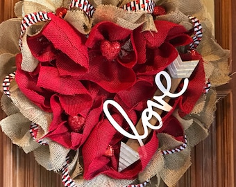 On Sale! Valentine's Wreath, Heart Shaped Valentines Wreath, Shabby Chic Burlap Valentine's Love Wreath with Arrow! Only one!