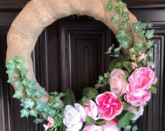 Pretty in Pink Flower and Ivy Spring Wreath with Burlap, Ivy Wreath, year round wreath, Housewarming Gift, ONLY ONE