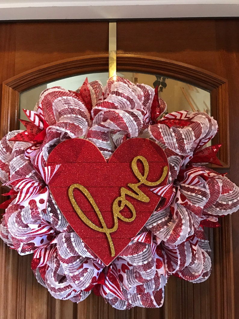 Red Heart covered in Glitter Valentine/'s Love Wreath and Gold Love Sign! Red and White Deco Mesh Valentine/'s Wreath with Ribbon On Sale